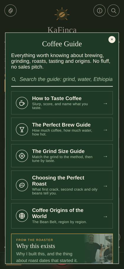The KaFinca coffee guide open on a phone, listing five guides